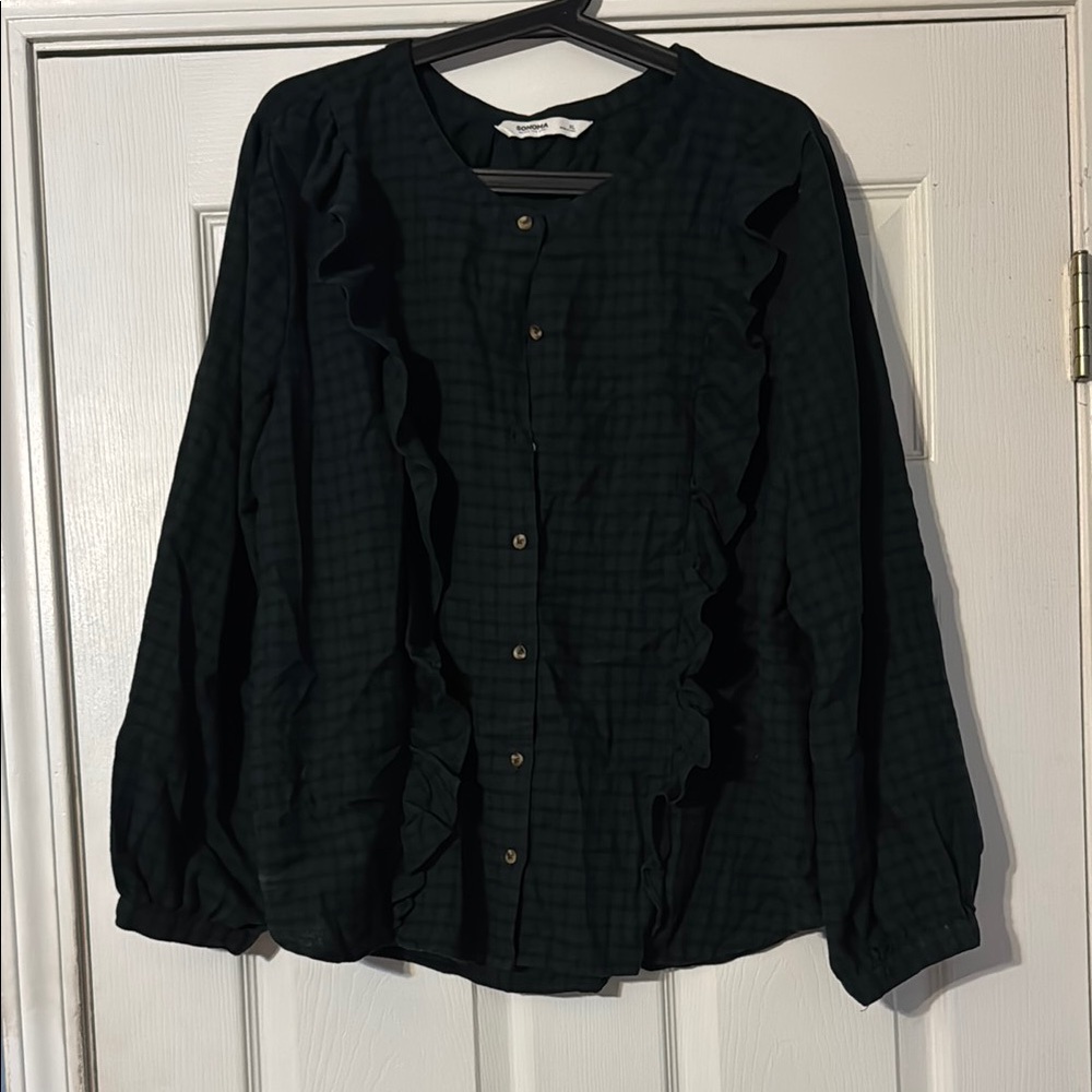 Dark Green Ruffled Button-Up Blouse